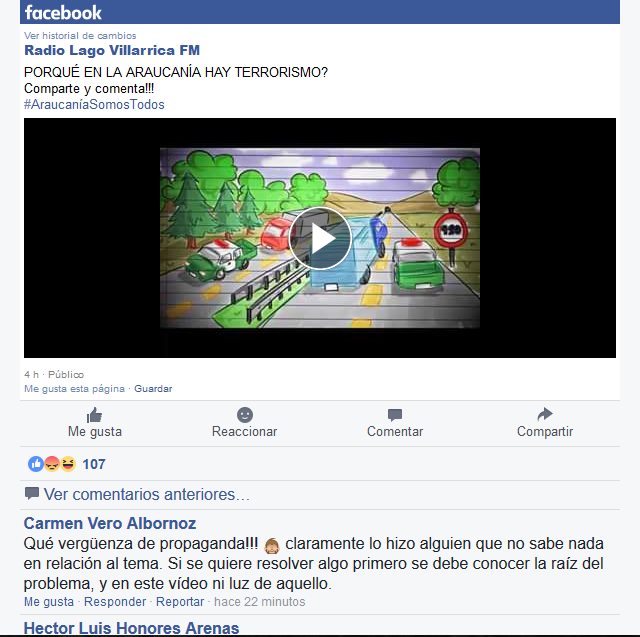 Radio Lago Villarrica publica video sobre terrorismo mapuche y en los comentarios los hacen pebre!