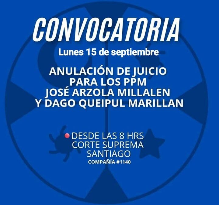 Convocatoria en apoyo a los Presos Políticos Mapuche en huelga de hambre: José Arzola Millalen y Dago Queipul Marillan, en santiago
