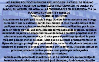 Comunicado Presos Políticos Mapuche en la cárcel de Temuco ante huelgas de hambre y ofensiva represiva del poder judicial