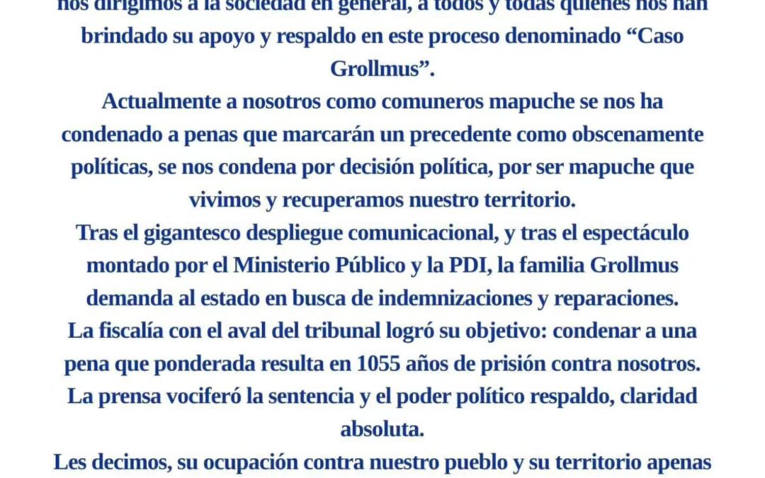 Comunicado Público de los Presos políticos mapuche de la Franja lavkenche condenados en el Caso Grollmus